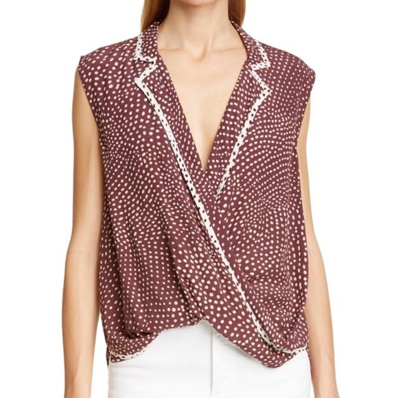 Rag & Bone XS Womens Chocolate Brown Crisscross Surplice Dean Blouse Polka Dot - Picture 1 of 9